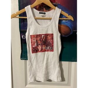 MAPSI White Ribbed Tank Top Graphic Print Faces Women's Size L y2k telemundo